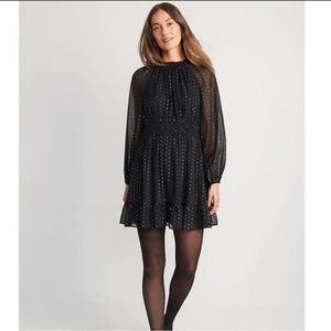 Metallic Swiss Dot Waist-Defined Smocked Mini Dress Black Silver NWT